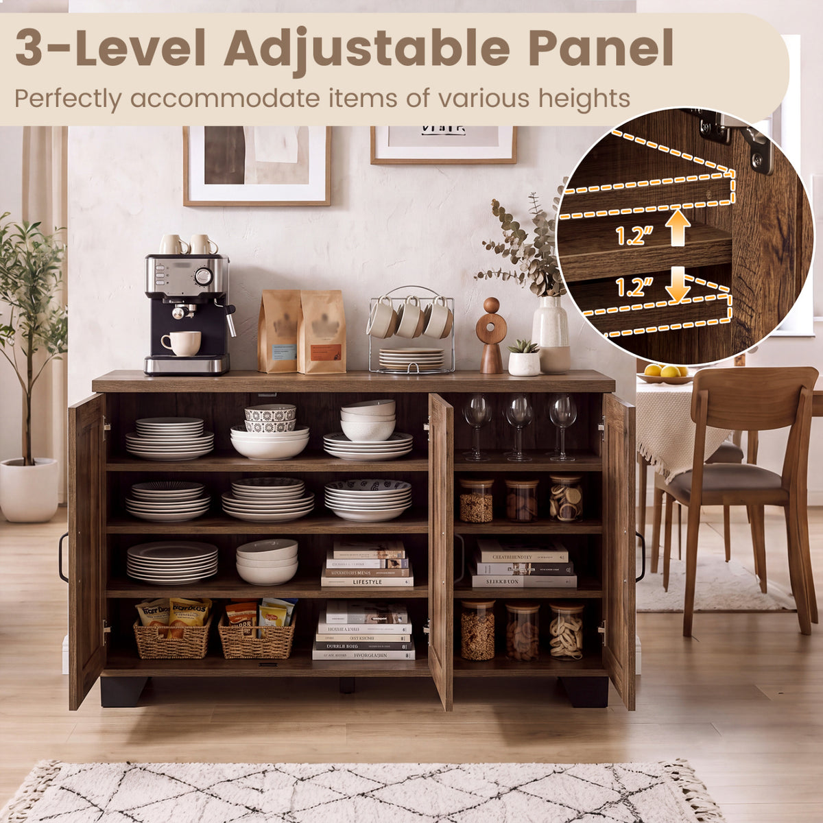 3-Door Buffet Sideboard with Adjustable Shelves and Anti-Tipping Kits-Brown