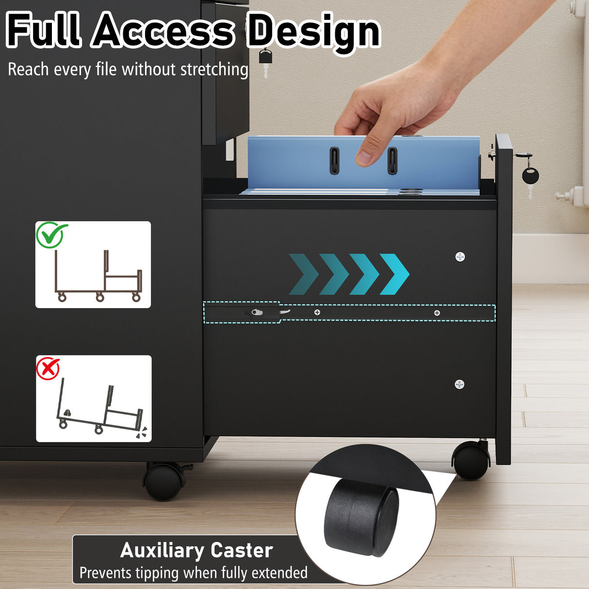 3 Drawer Filing Cabinet Locking Pedestal Desk -Black
