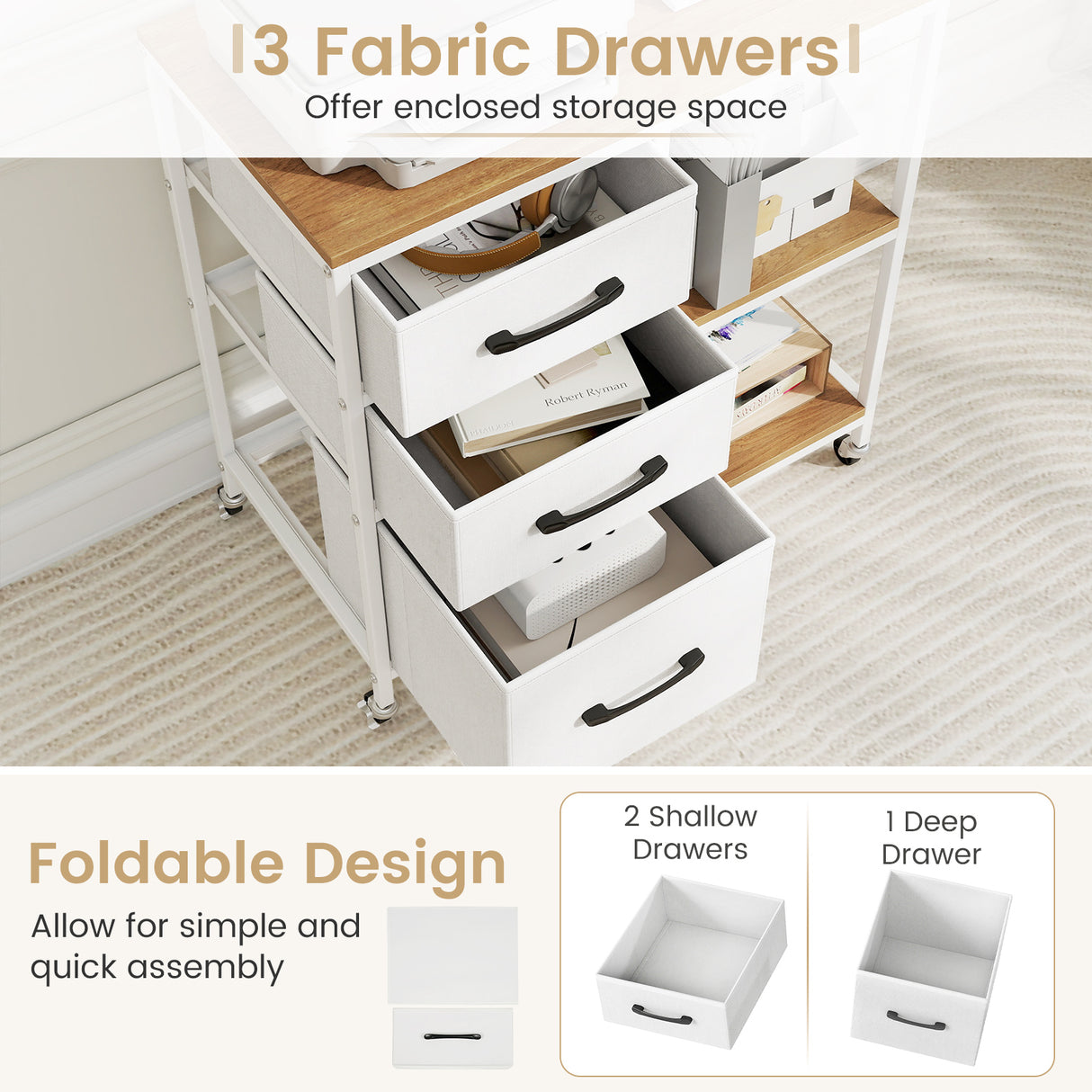 3 Drawer Mobile File Cabinet with Charging Station Rolling Printer Stand with Open Storage Shelves-Natural