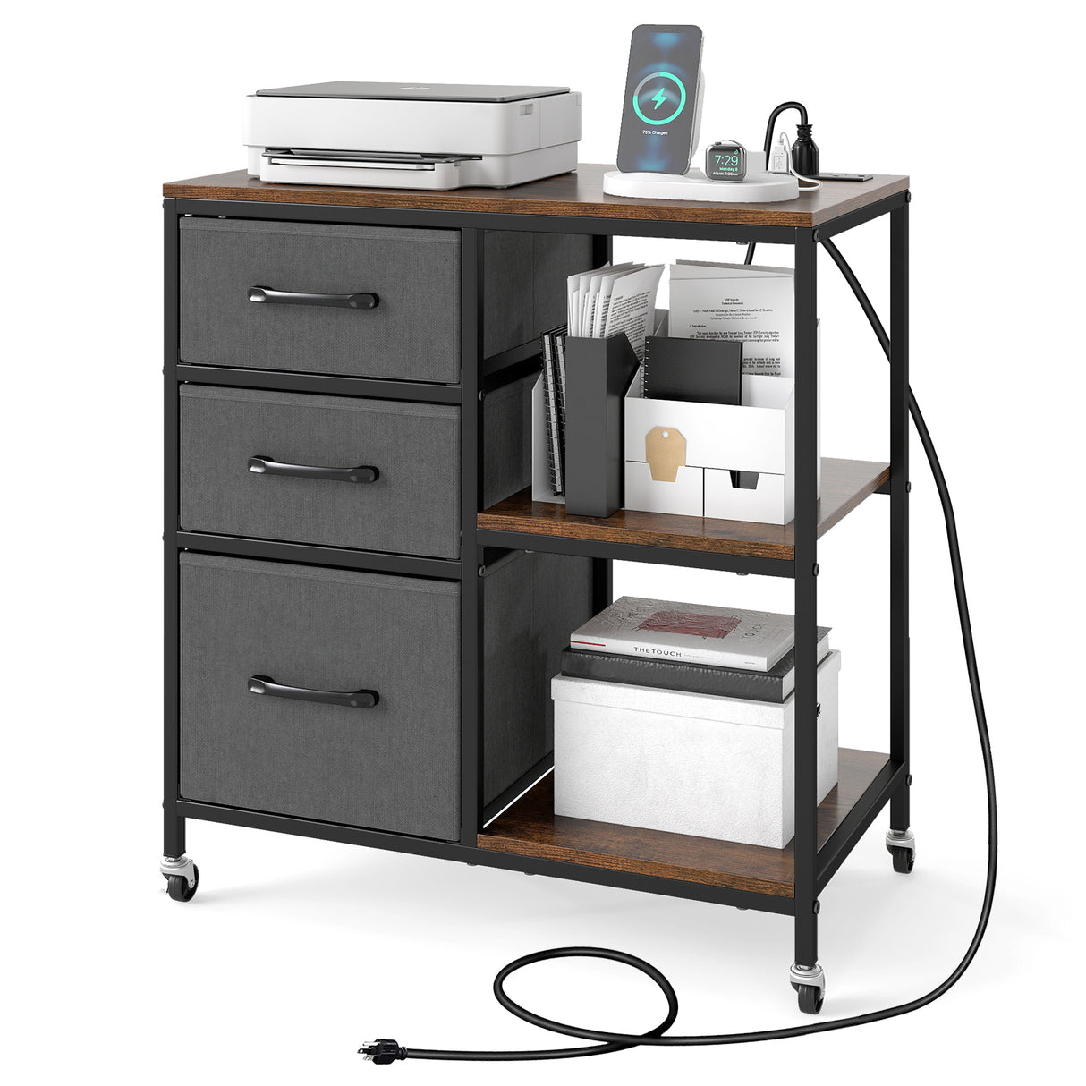 3 Drawer Mobile File Cabinet with Charging Station Rolling Printer Stand with Open Storage Shelves-Brown