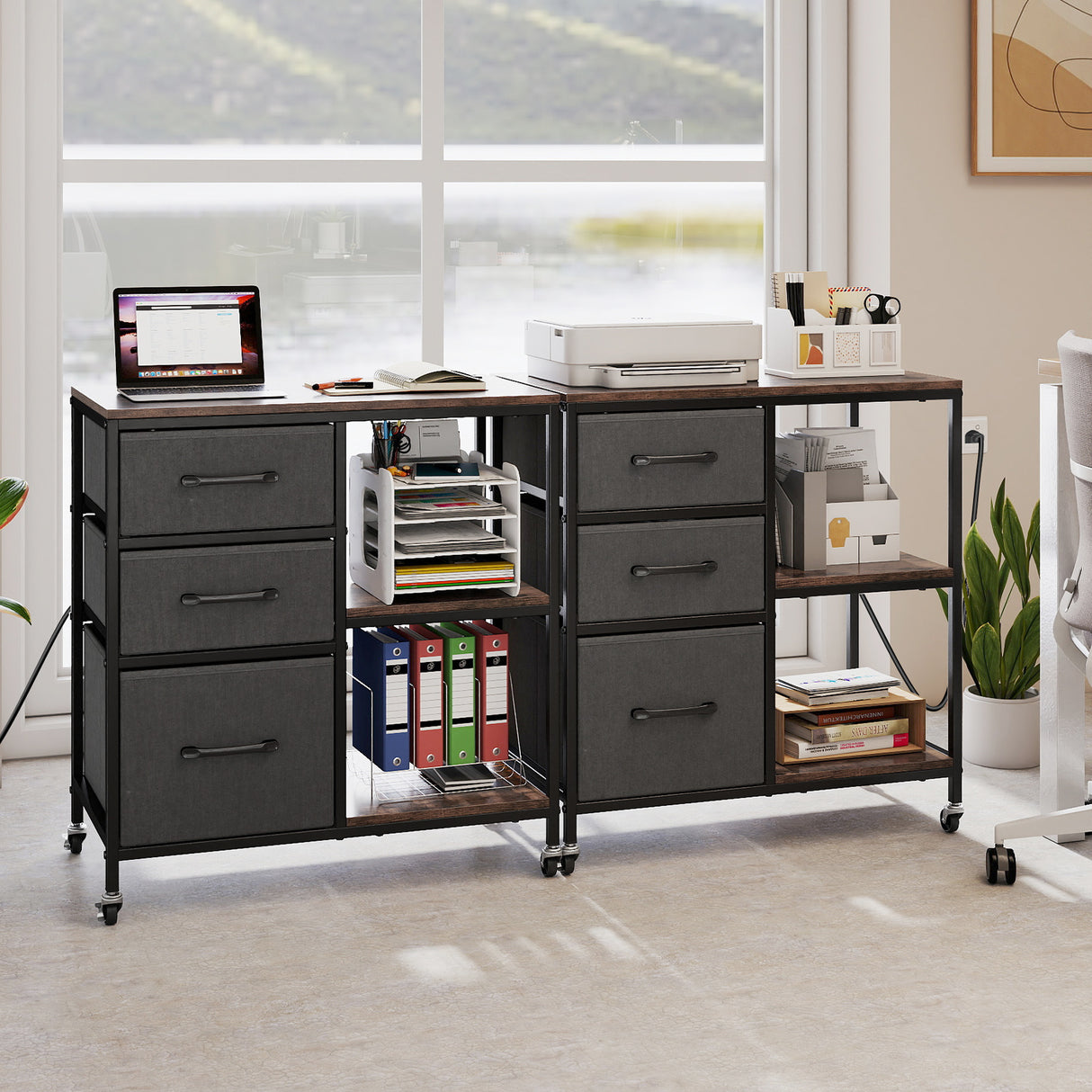 3 Drawer Mobile File Cabinet with Charging Station Rolling Printer Stand with Open Storage Shelves-Brown