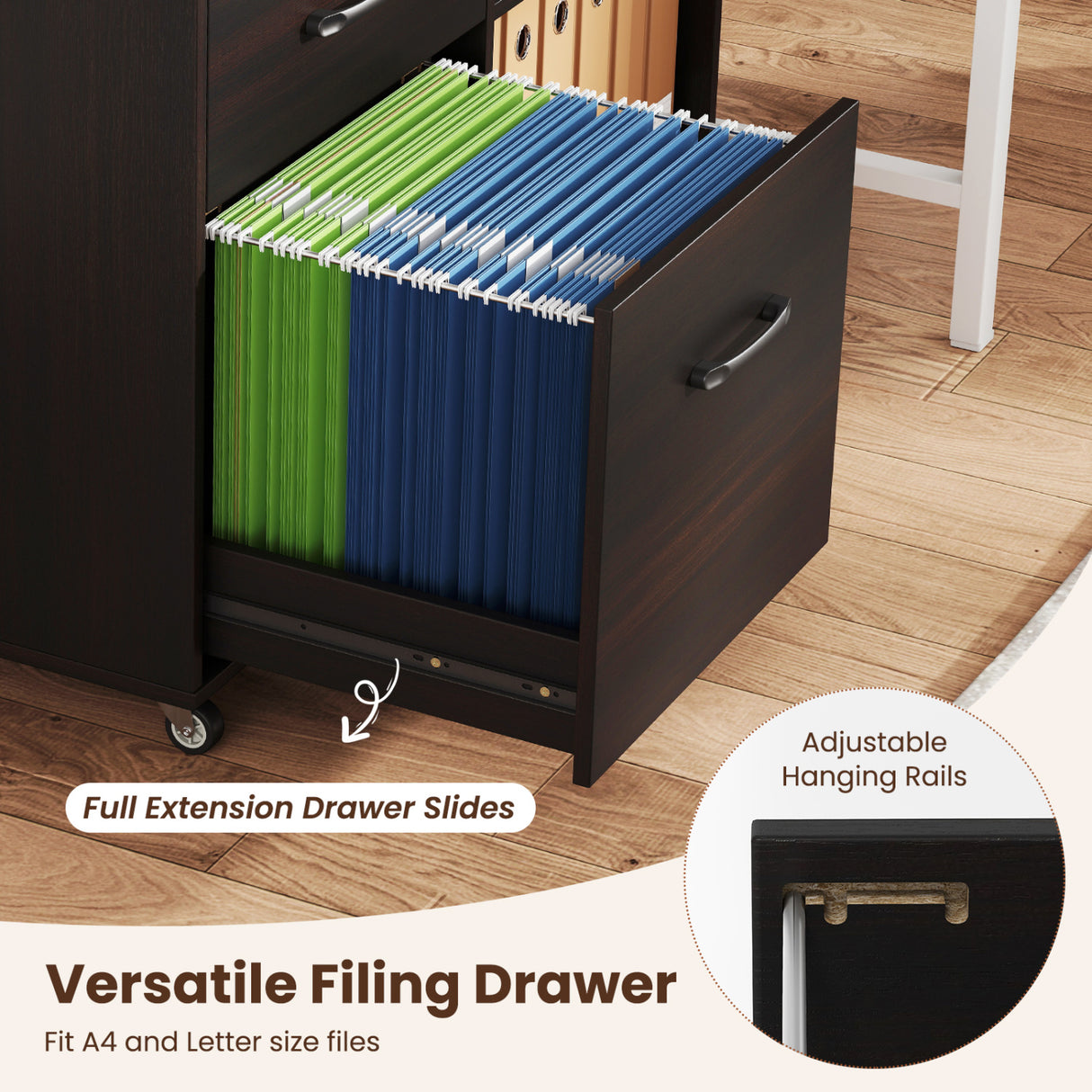 3-Drawer Mobile Lateral File Cabinet Printer Stand-Black
