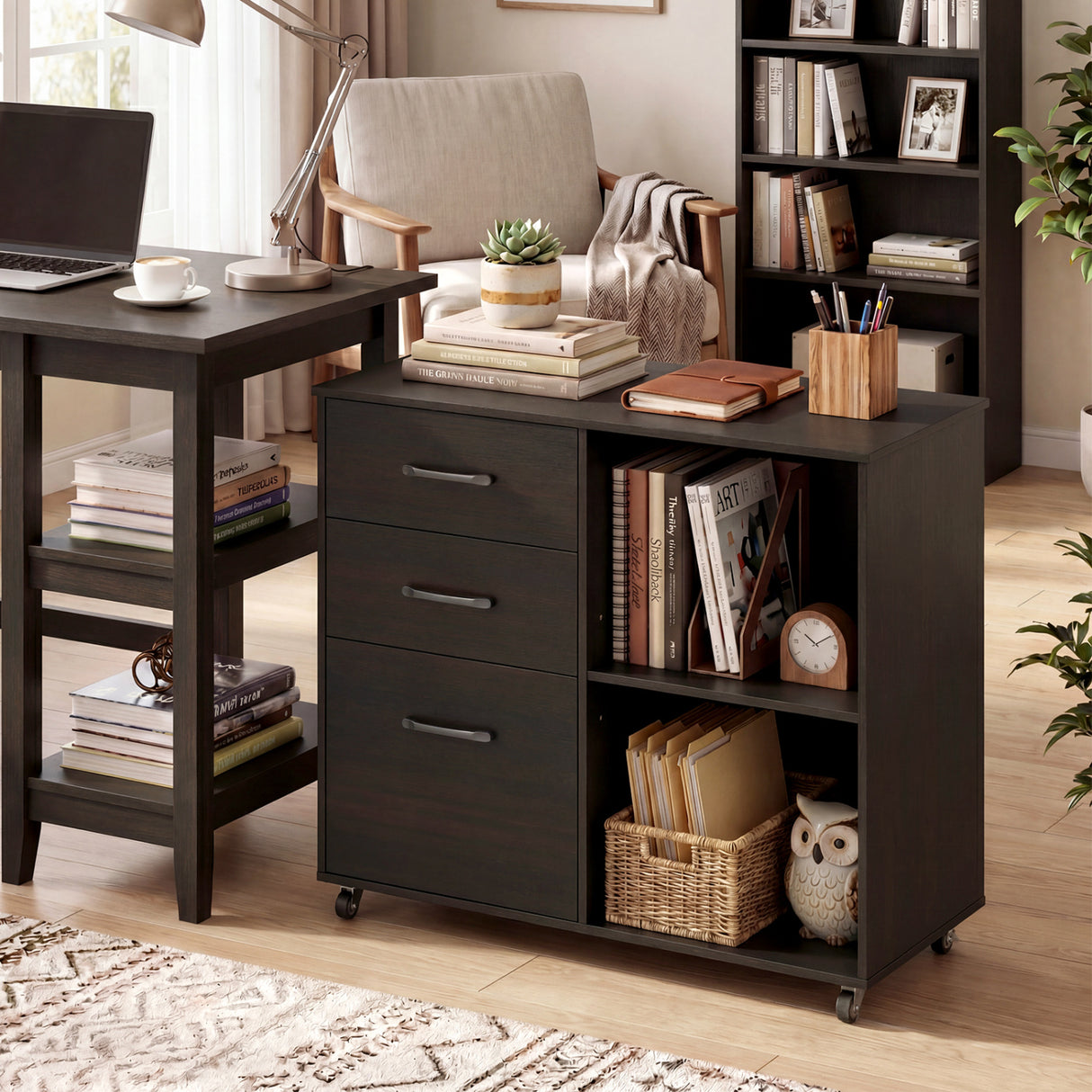 3-Drawer Mobile Lateral File Cabinet Printer Stand-Black