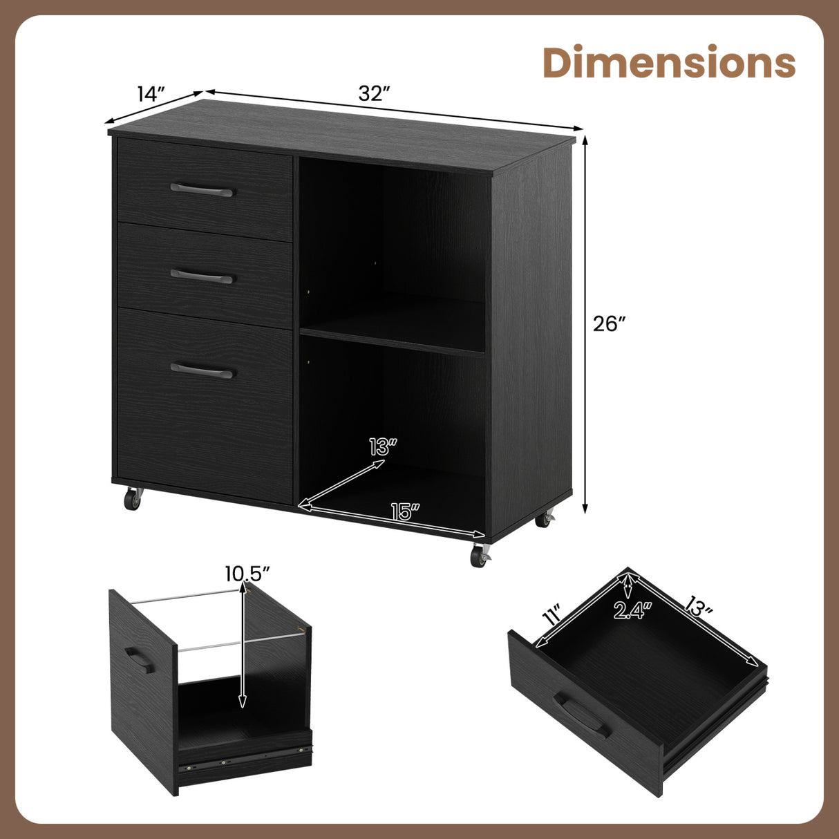 3-Drawer Mobile Lateral File Cabinet Printer Stand-Black