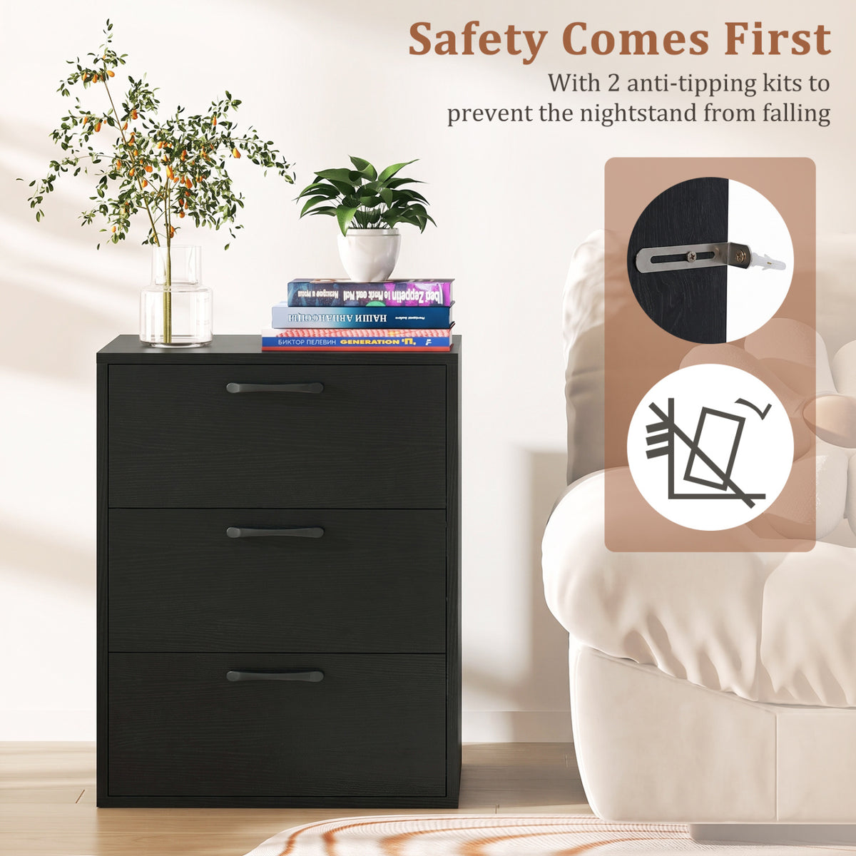 3 Drawer Nightstand with Wood Grain Finish and Storage for Living Room Bedroom Study-Black