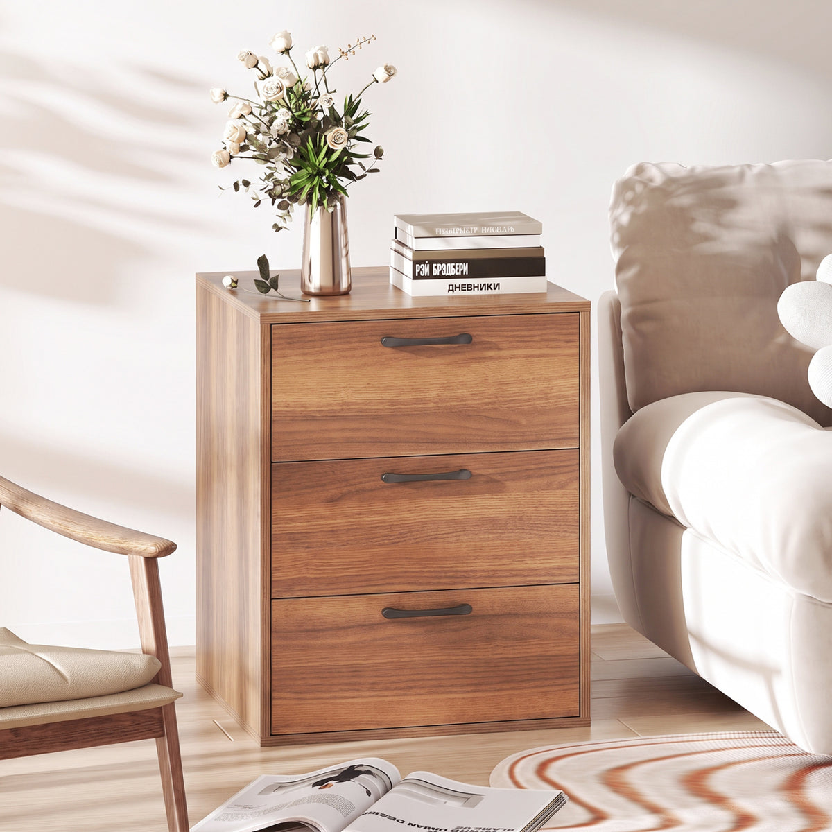 3 Drawer Nightstand with Wood Grain Finish and Storage for Living Room Bedroom Study-Walnut