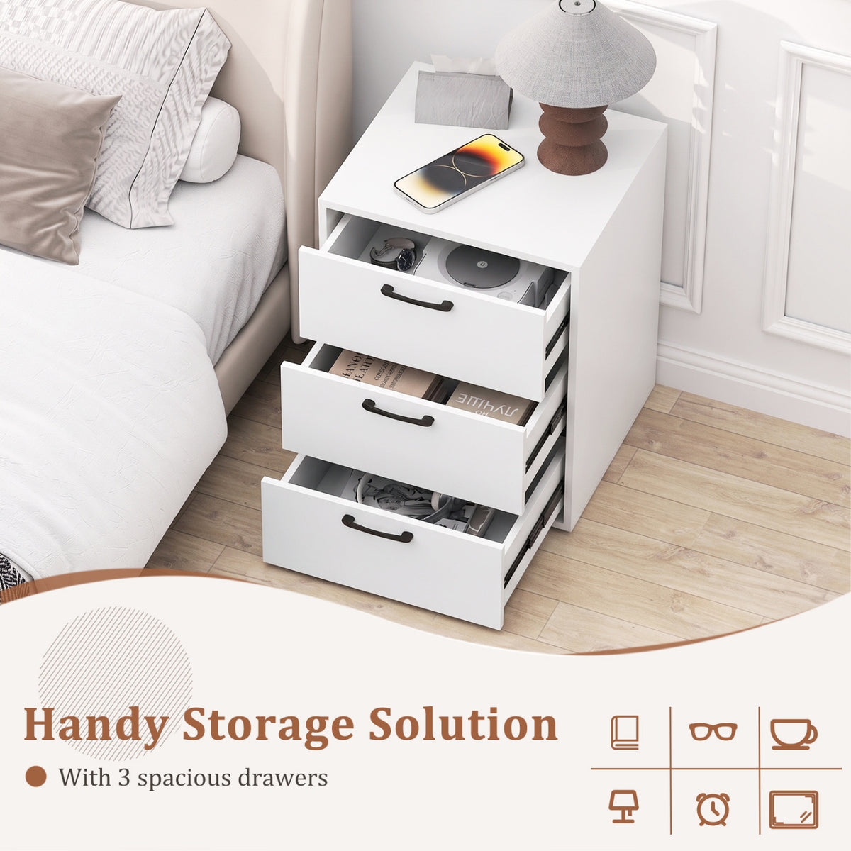 3 Drawer Nightstand with Wood Grain Finish and Storage for Living Room Bedroom Study-White