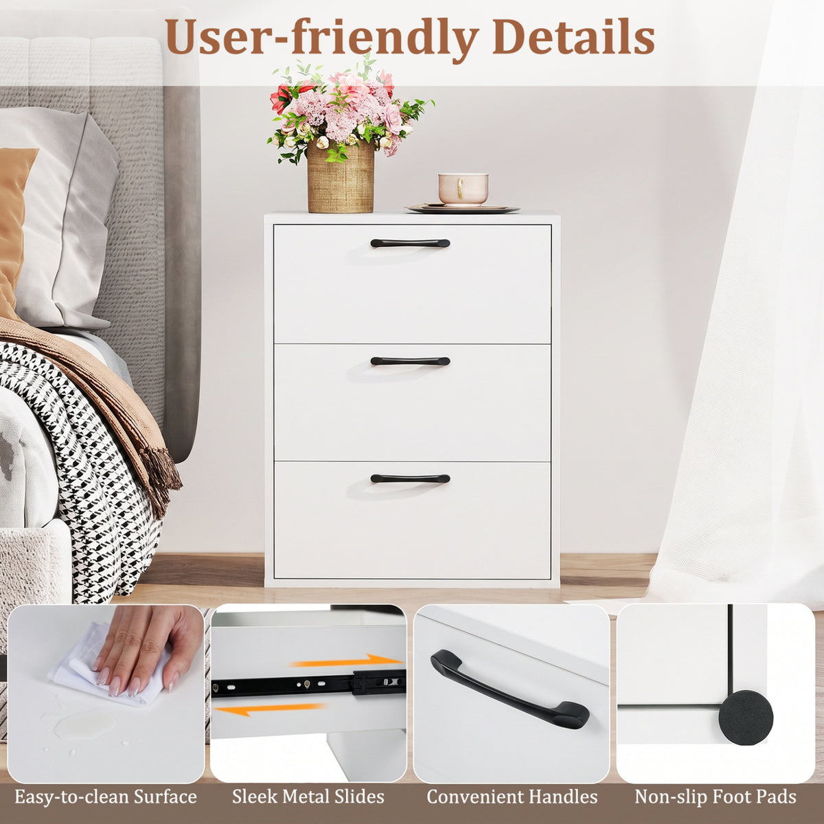 3 Drawer Nightstand with Wood Grain Finish and Storage for Living Room Bedroom Study-White
