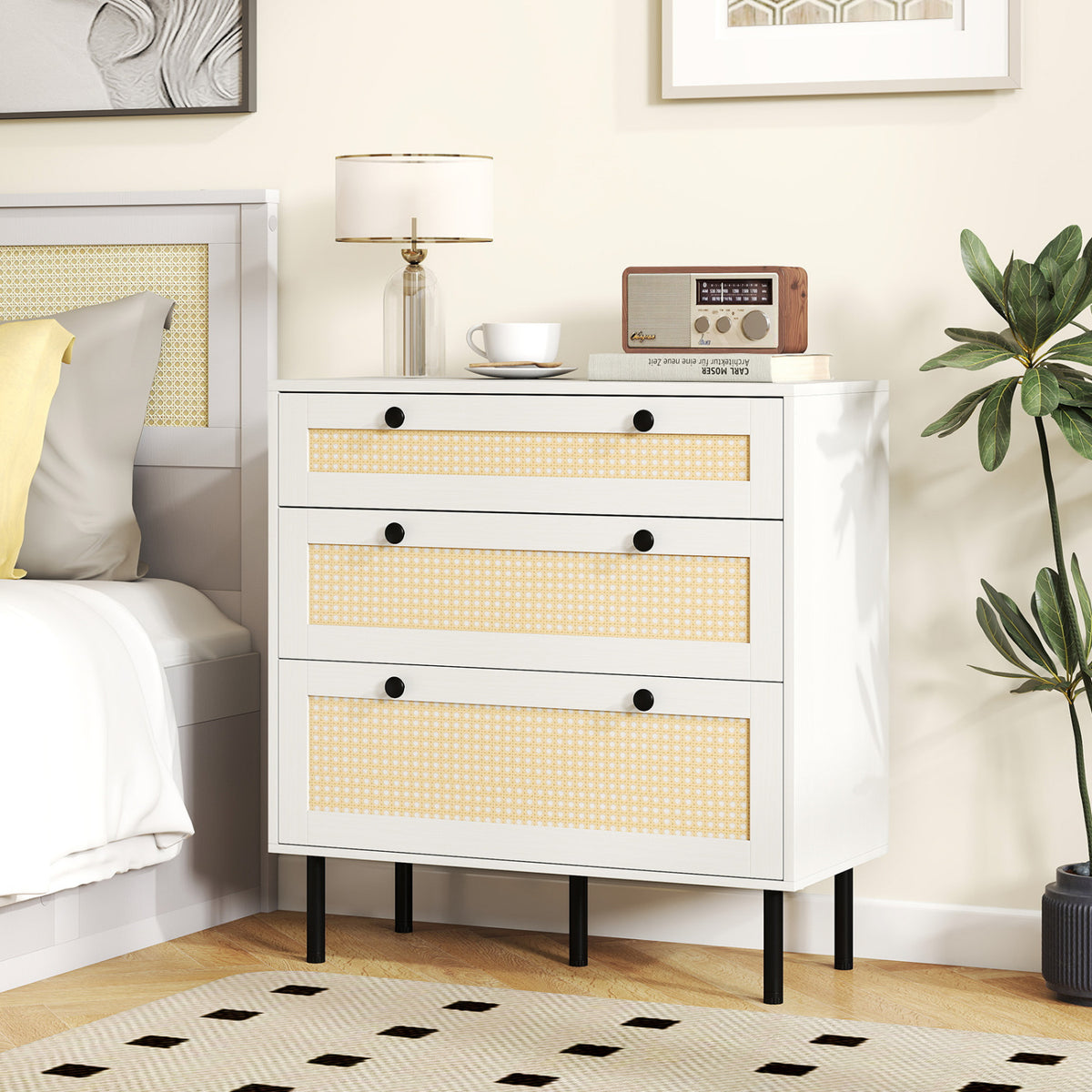 3-Drawer Rattan Nightstand Boho Chest of Drawers for Bedroom-White