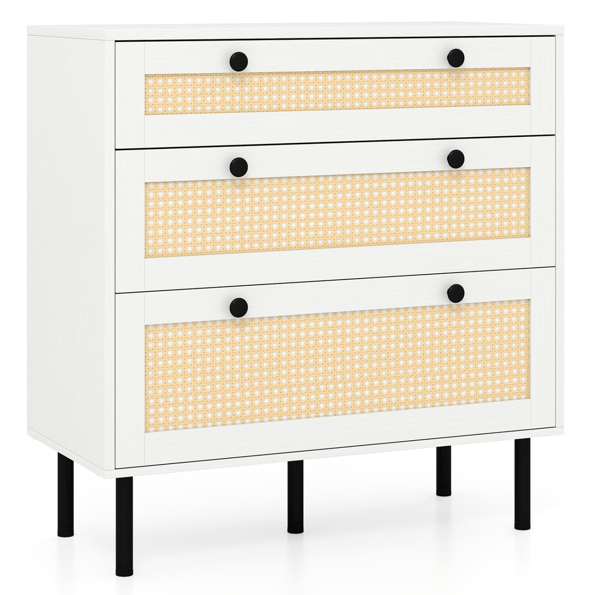 3-Drawer Rattan Nightstand Boho Chest of Drawers for Bedroom-White