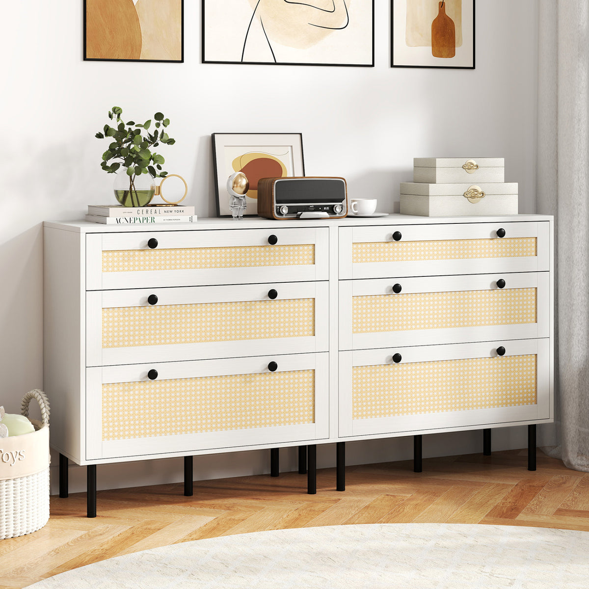 3-Drawer Rattan Nightstand Boho Chest of Drawers for Bedroom-White