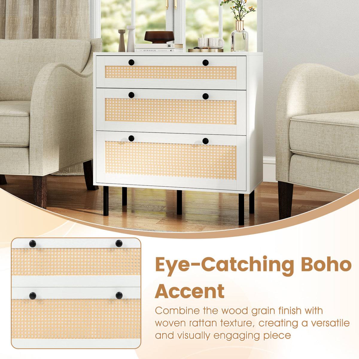 3-Drawer Rattan Nightstand Boho Chest of Drawers for Bedroom-White