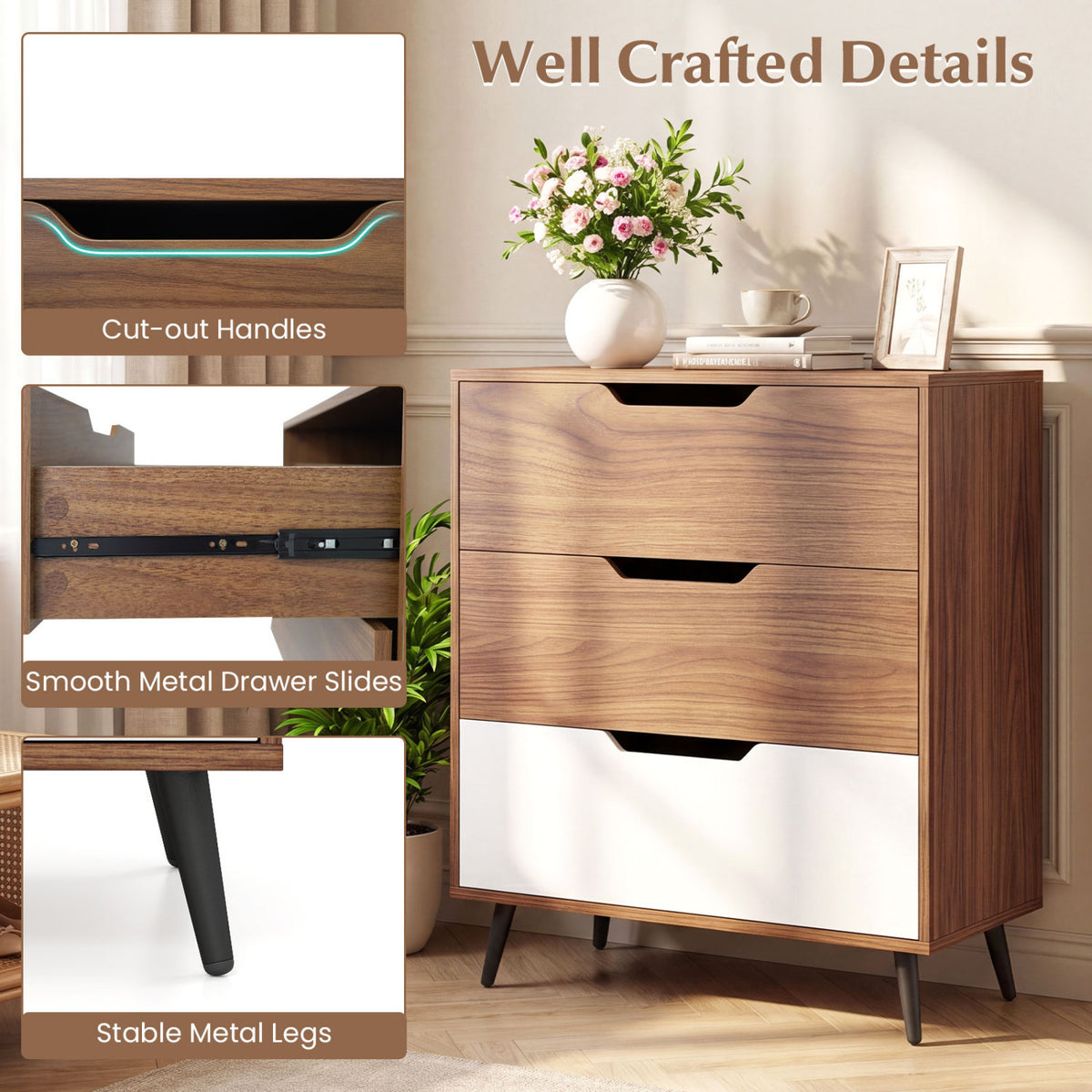 3-Drawer Rustic Farmhouse Wooden Storage Dresser-Walnut