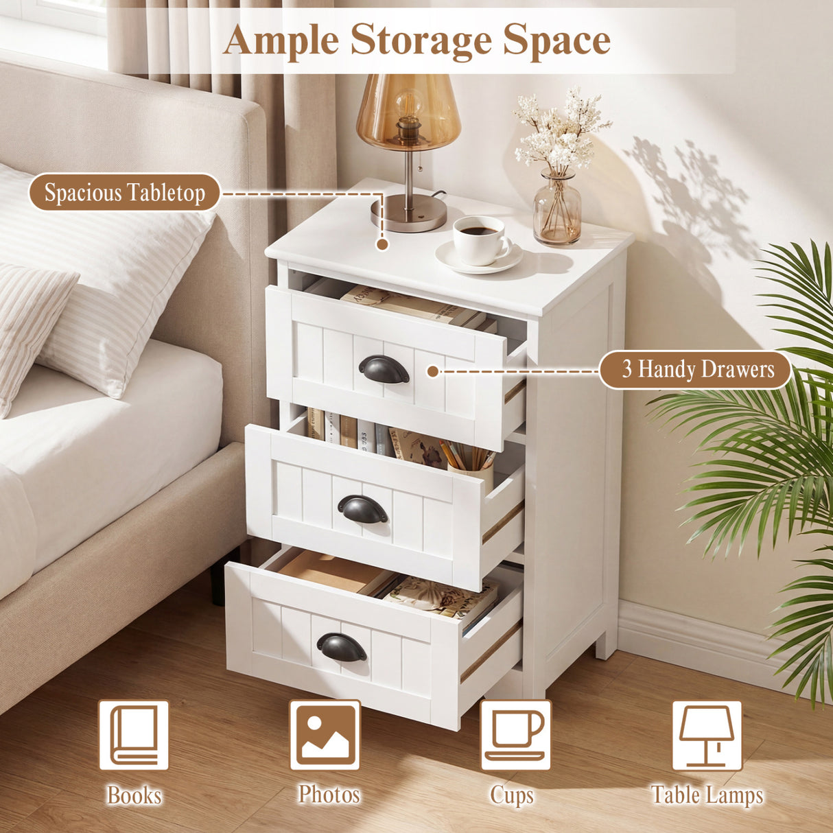 3 Drawers End Storage Wood Side Nightstand-Black
