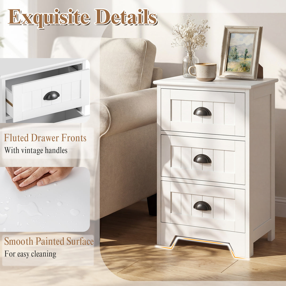 3 Drawers End Storage Wood Side Nightstand-White