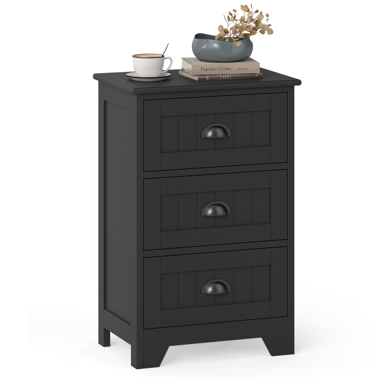 3 Drawers End Storage Wood Side Nightstand-Black