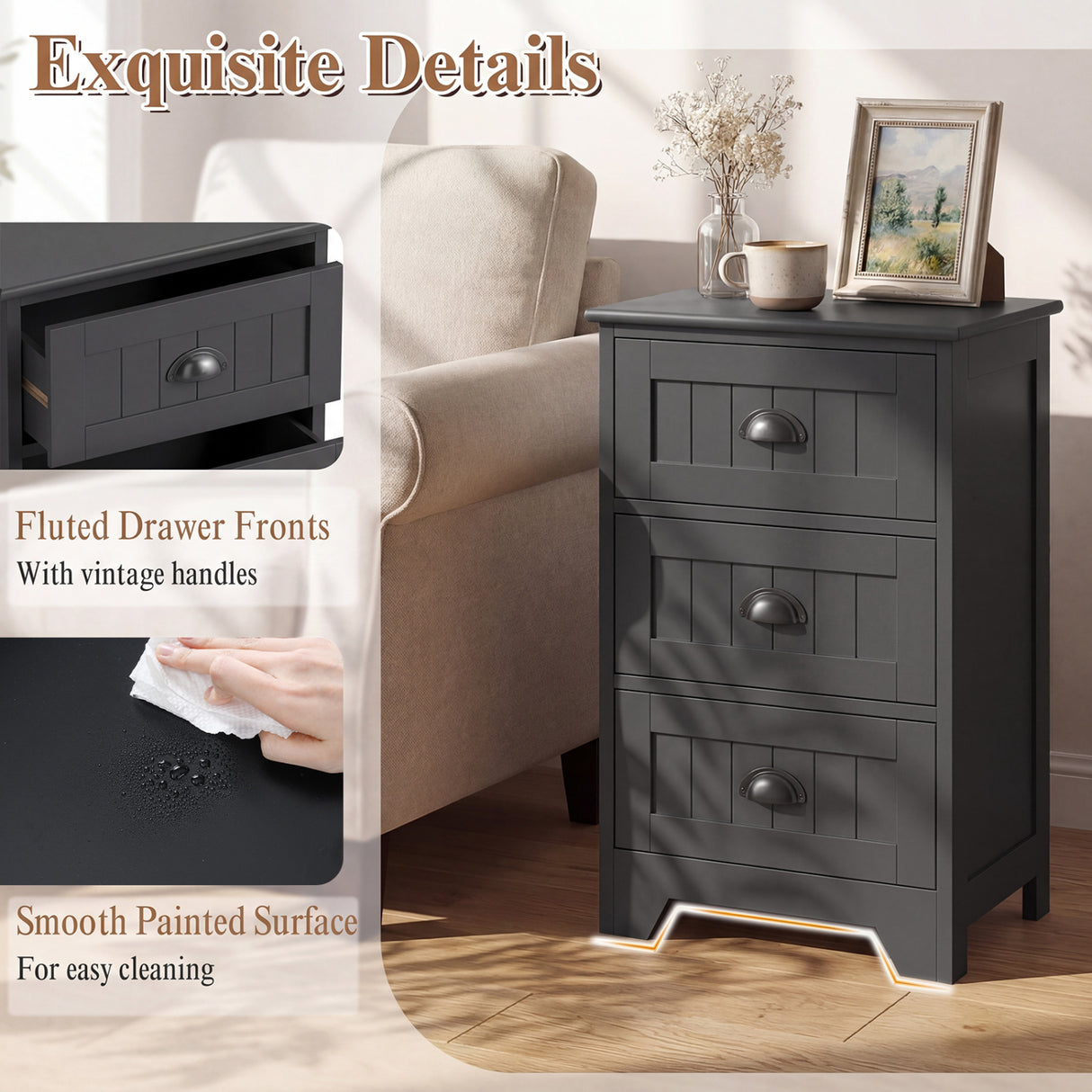 3 Drawers End Storage Wood Side Nightstand-Black