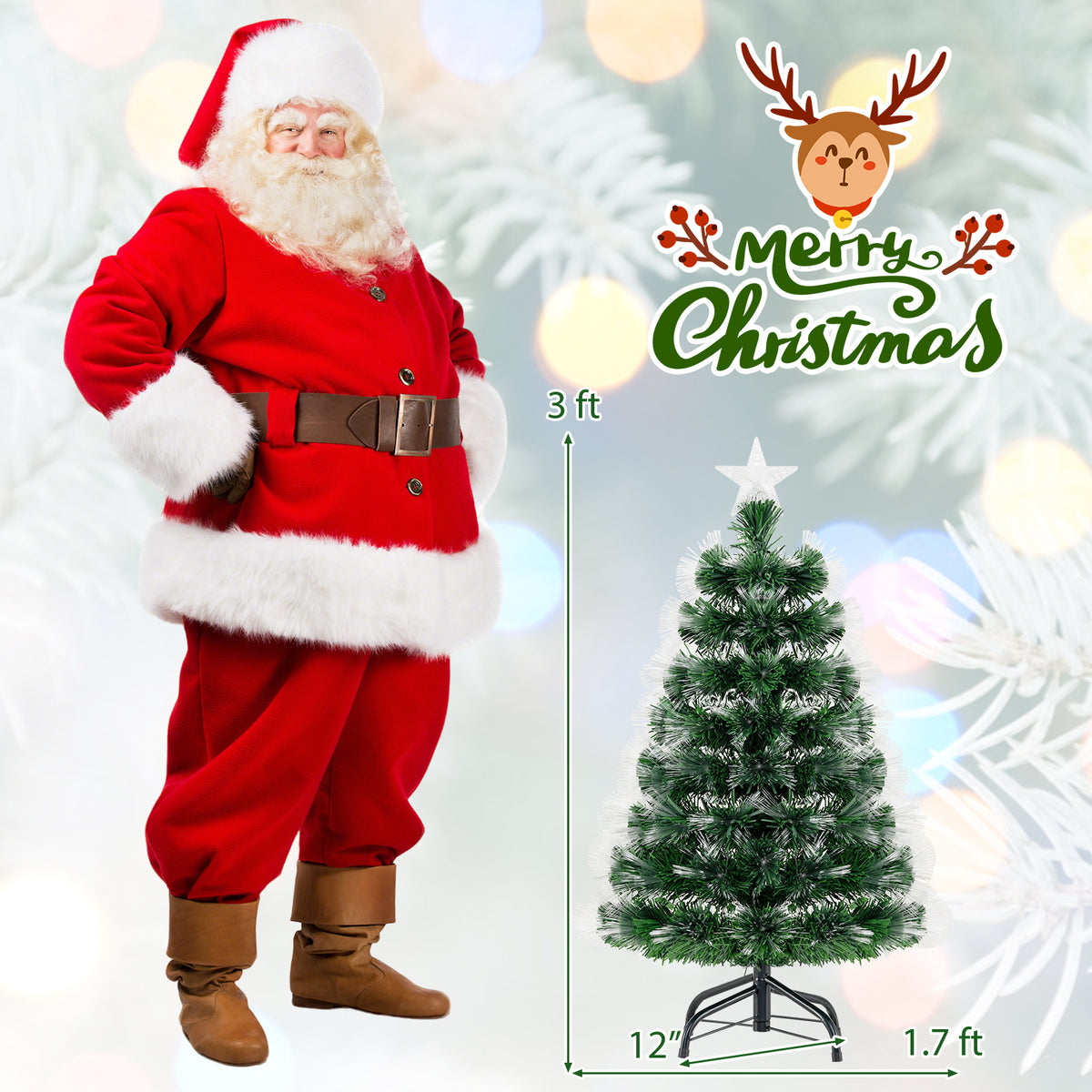 3 Feet Fiber Optic Christmas Tree with Branch Tips and Topper Star