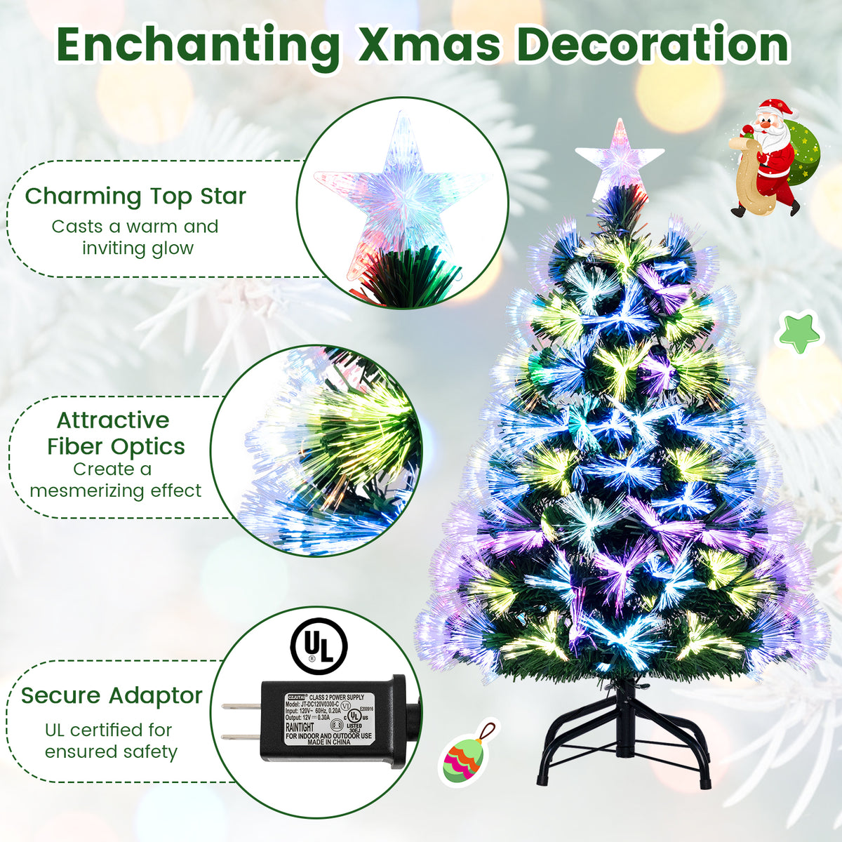 3 Feet Fiber Optic Christmas Tree with Branch Tips and Topper Star