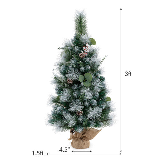 3 FT Pre-Lit Artificial Mini Christmas Tree with 98 Flocked PVC and Pine Needles