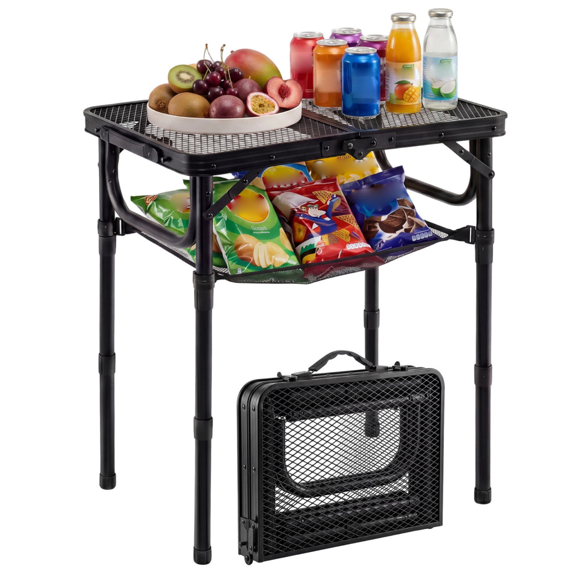 3-Height Folding Picnic Table with Large Storage Net and Handle-Black