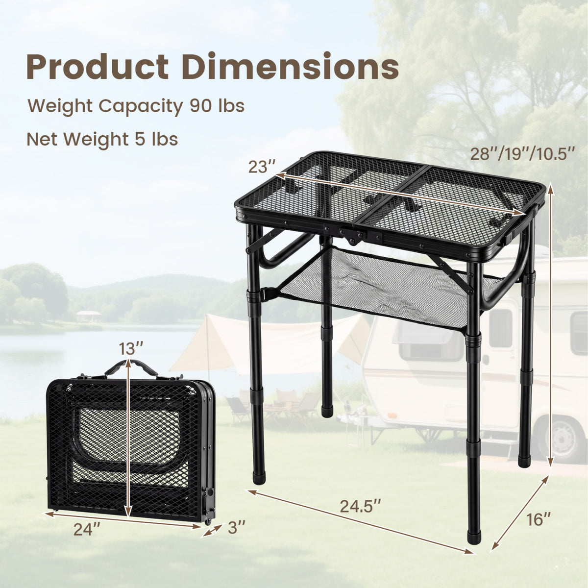 3-Height Folding Picnic Table with Large Storage Net and Handle-Black