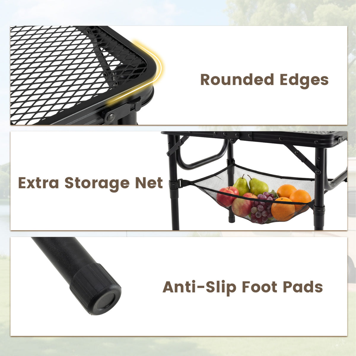 3-Height Folding Picnic Table with Large Storage Net and Handle-Black