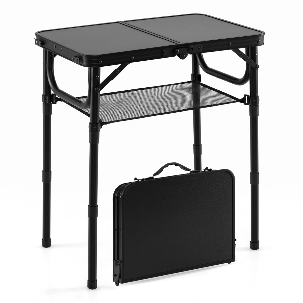 3-Height Folding Camping Table with Large Storage Net & Handle-Black