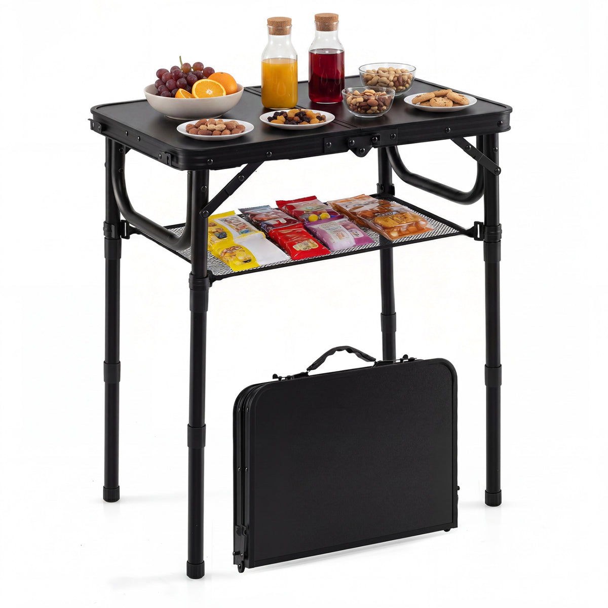 3-Height Folding Camping Table with Large Storage Net & Handle-Black