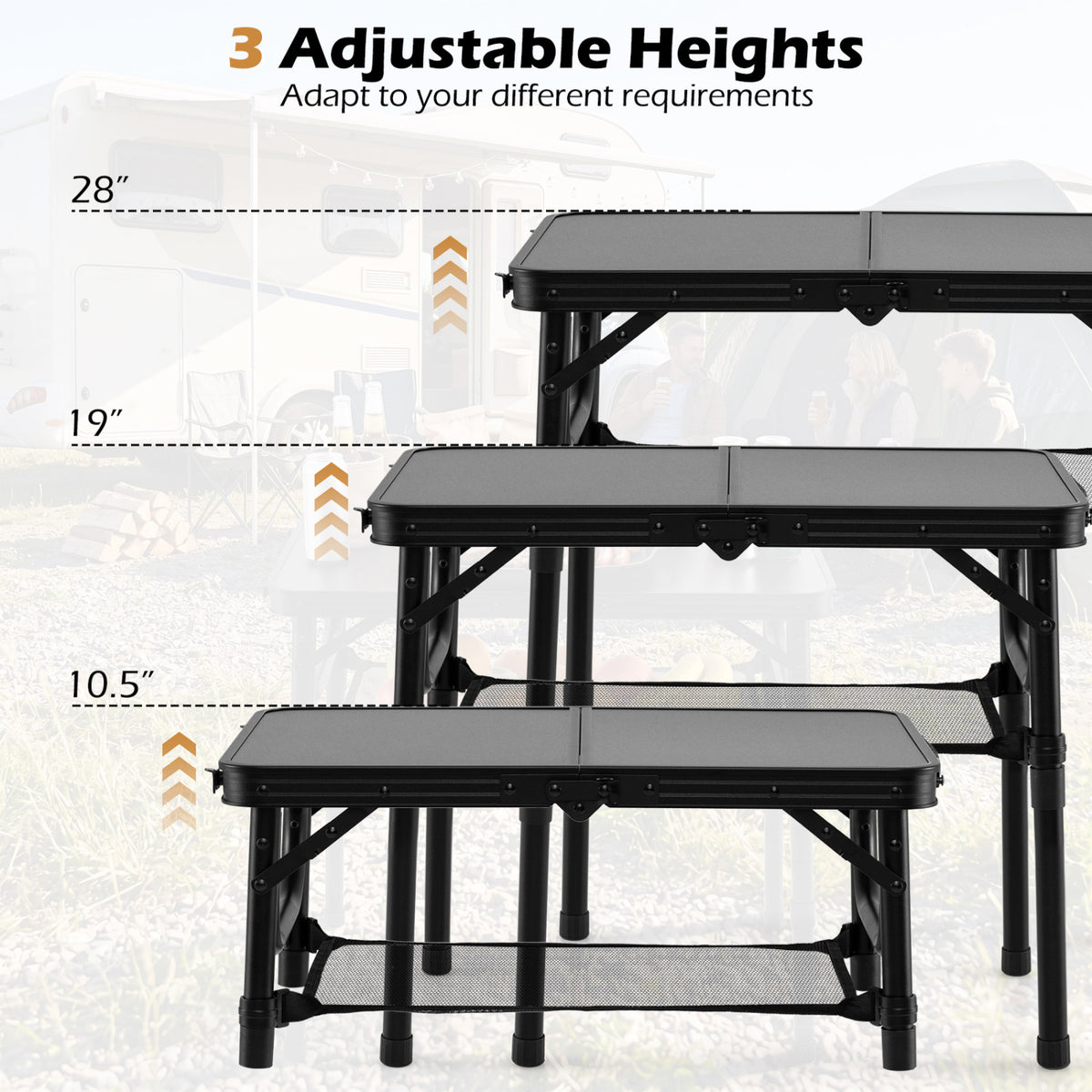 3-Height Folding Camping Table with Large Storage Net & Handle-Black