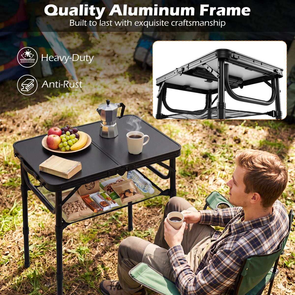 3-Height Folding Camping Table with Large Storage Net & Handle-Black