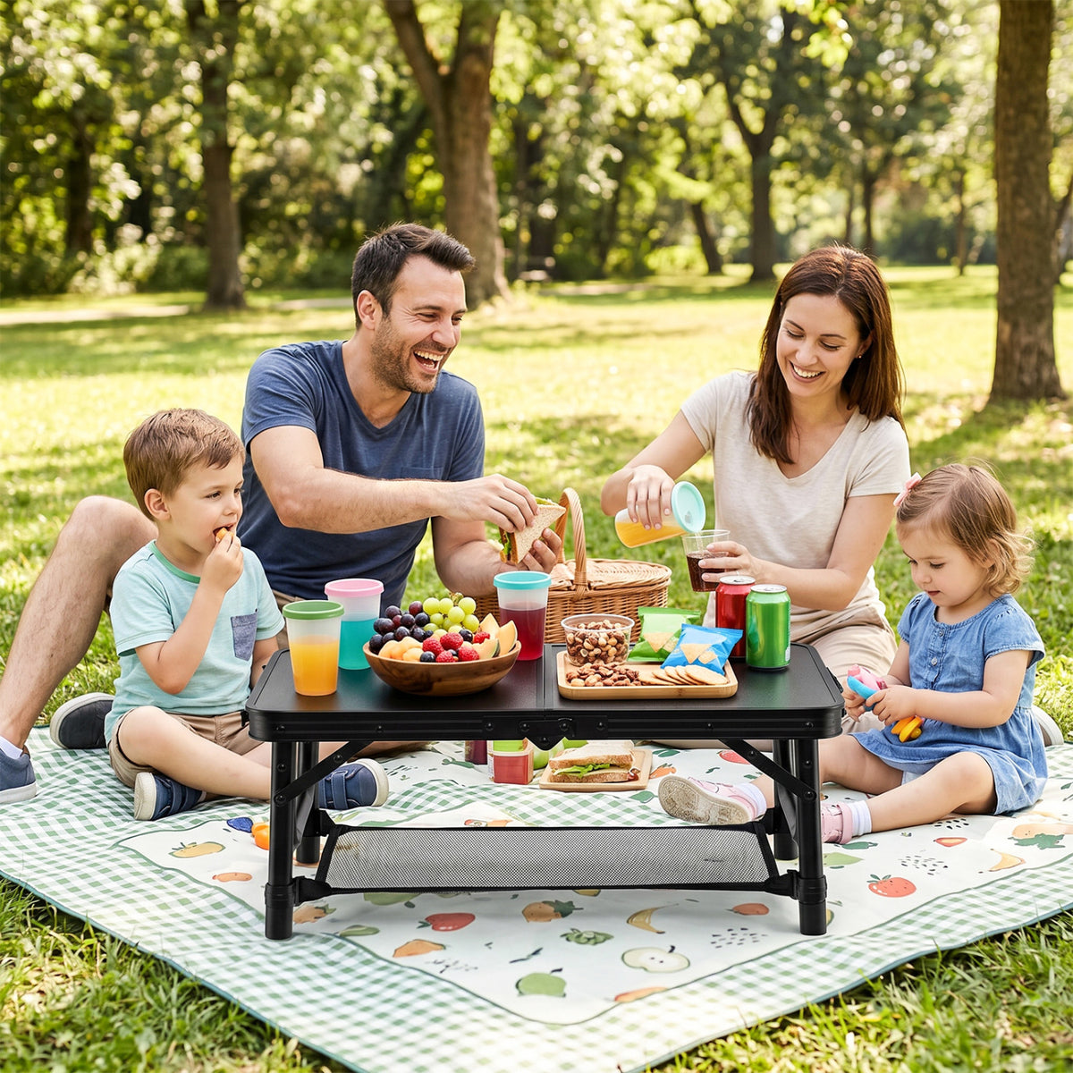 3-Height Folding Camping Table with Large Storage Net & Handle-Black