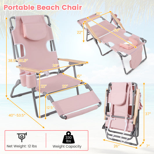 3-IN-1 Foldable Beach Chair with Footrest and Adjustable Backrest-Pink