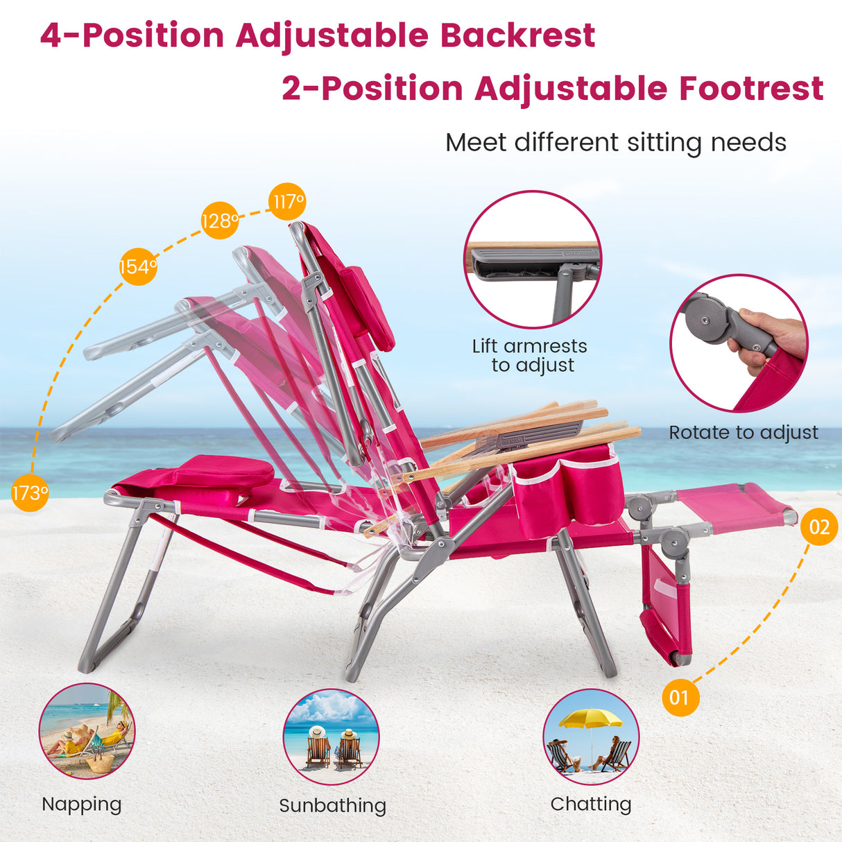 3-IN-1 Foldable Beach Chair with Footrest and Adjustable Backrest-Peach