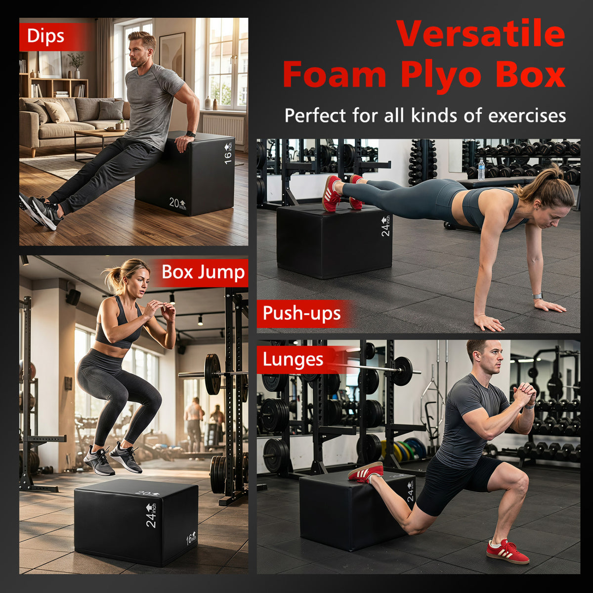 3 In 1 Foam Plyometric Box with 3 Heights and Easy-to-Clean PU Cover-24 Inches