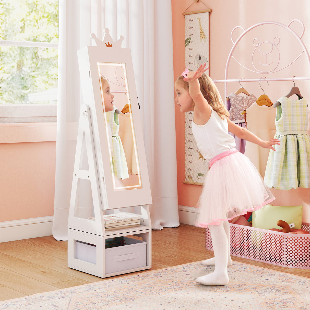 3 In 1 Kids Jewelry Cabinet with 3-Color Lighted Full Length Mirror-White
