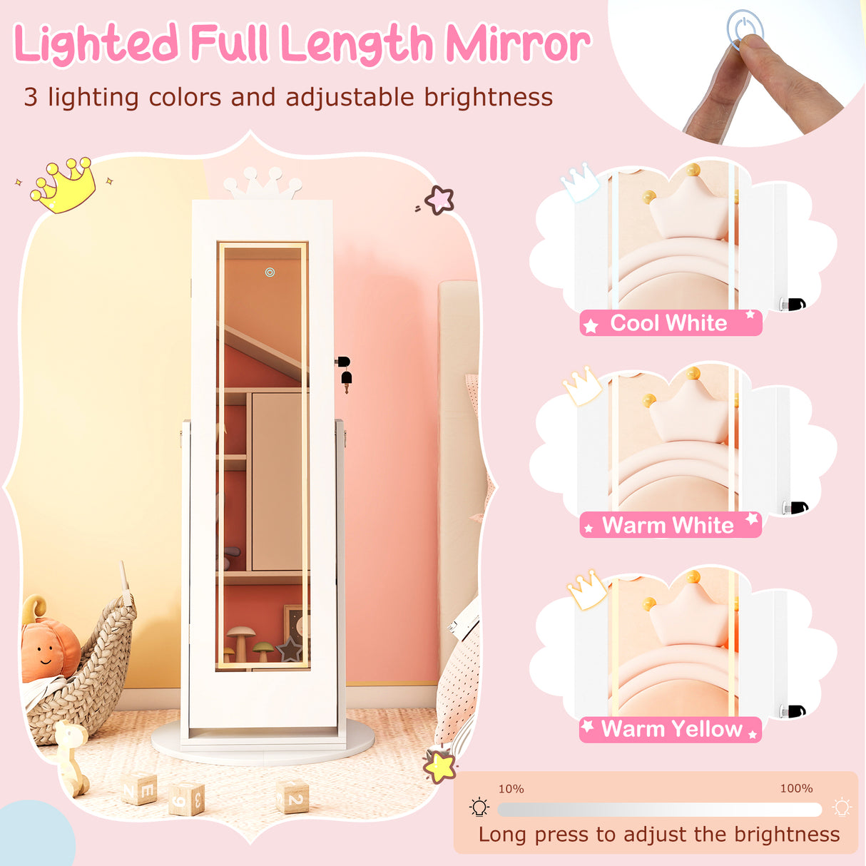 3 In 1 Kids Jewelry Cabinet with 3-Color Lighted Full Length Mirror and Internal Mirror-White