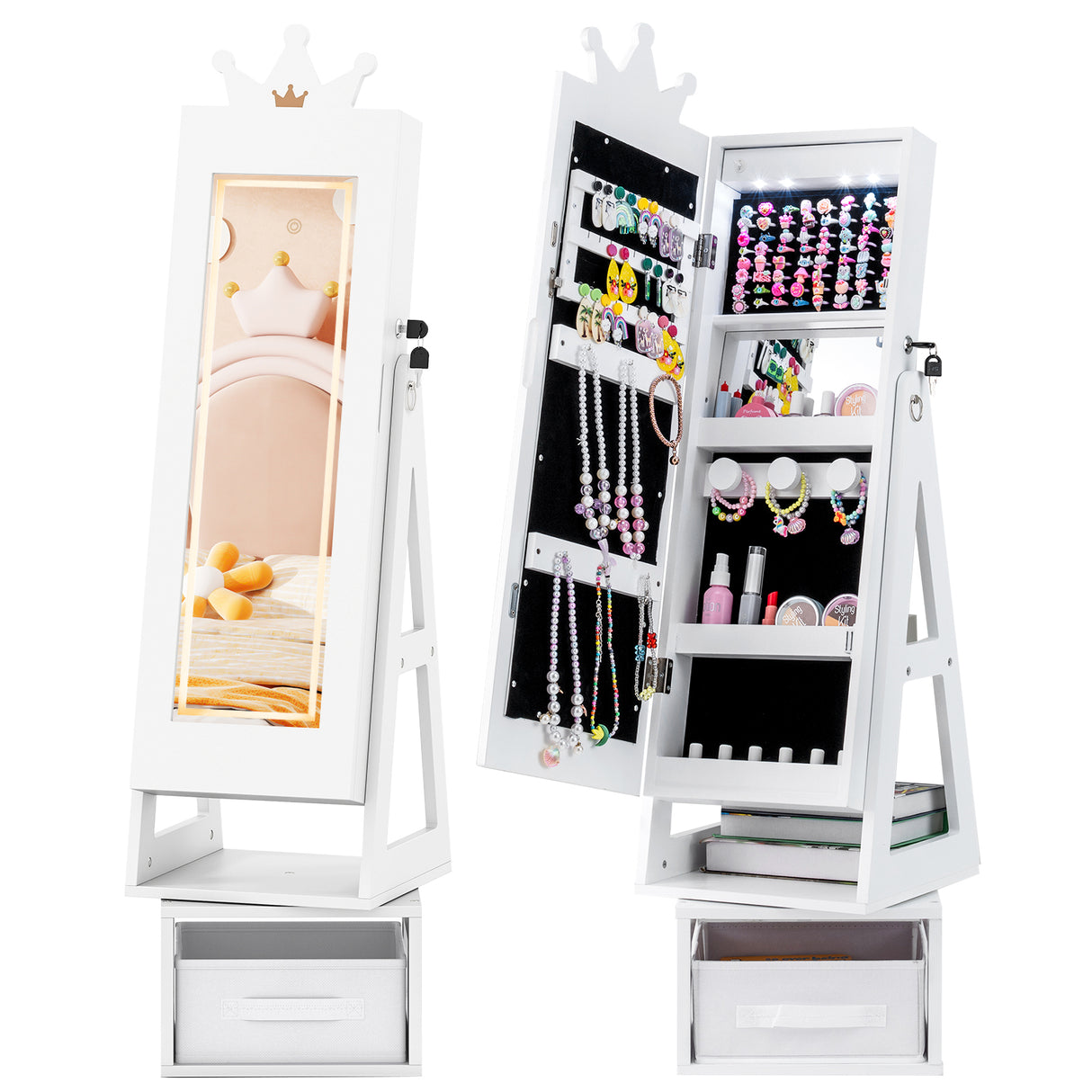 3 In 1 Kids Jewelry Cabinet with 3-Color Lighted Full Length Mirror-White