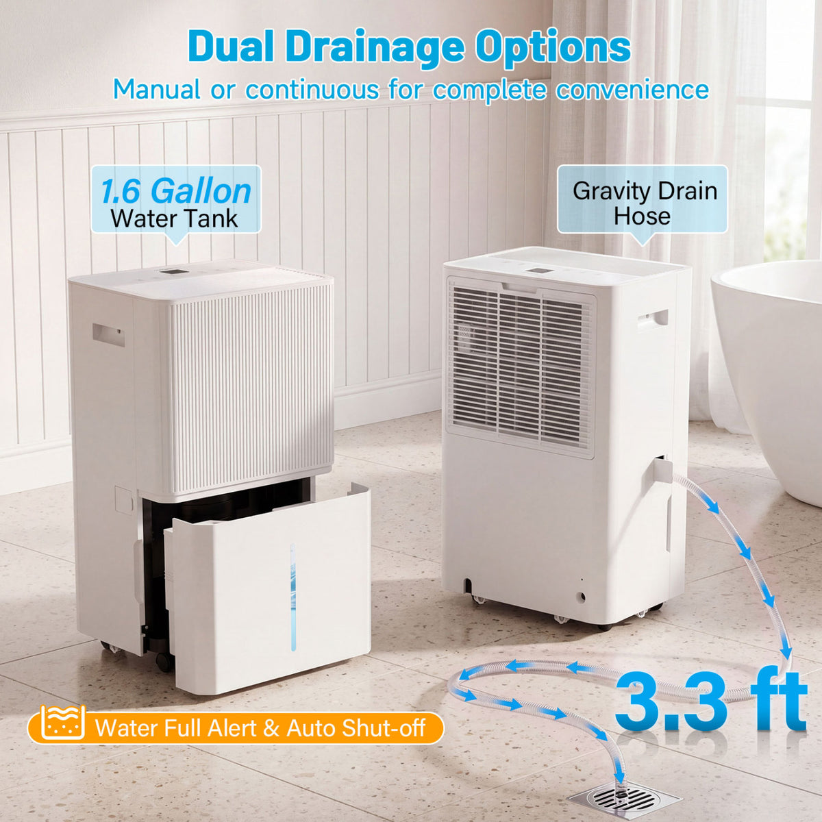 3 Modes Dehumidifier with Drain Hose and LED Display for 6500 Sq.Ft Home-White