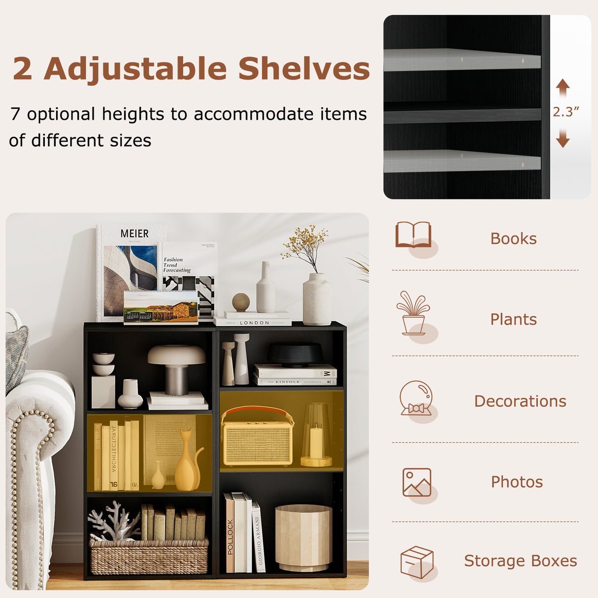 3 Open Shelf Bookcase Modern Storage Display Cabinet-Black
