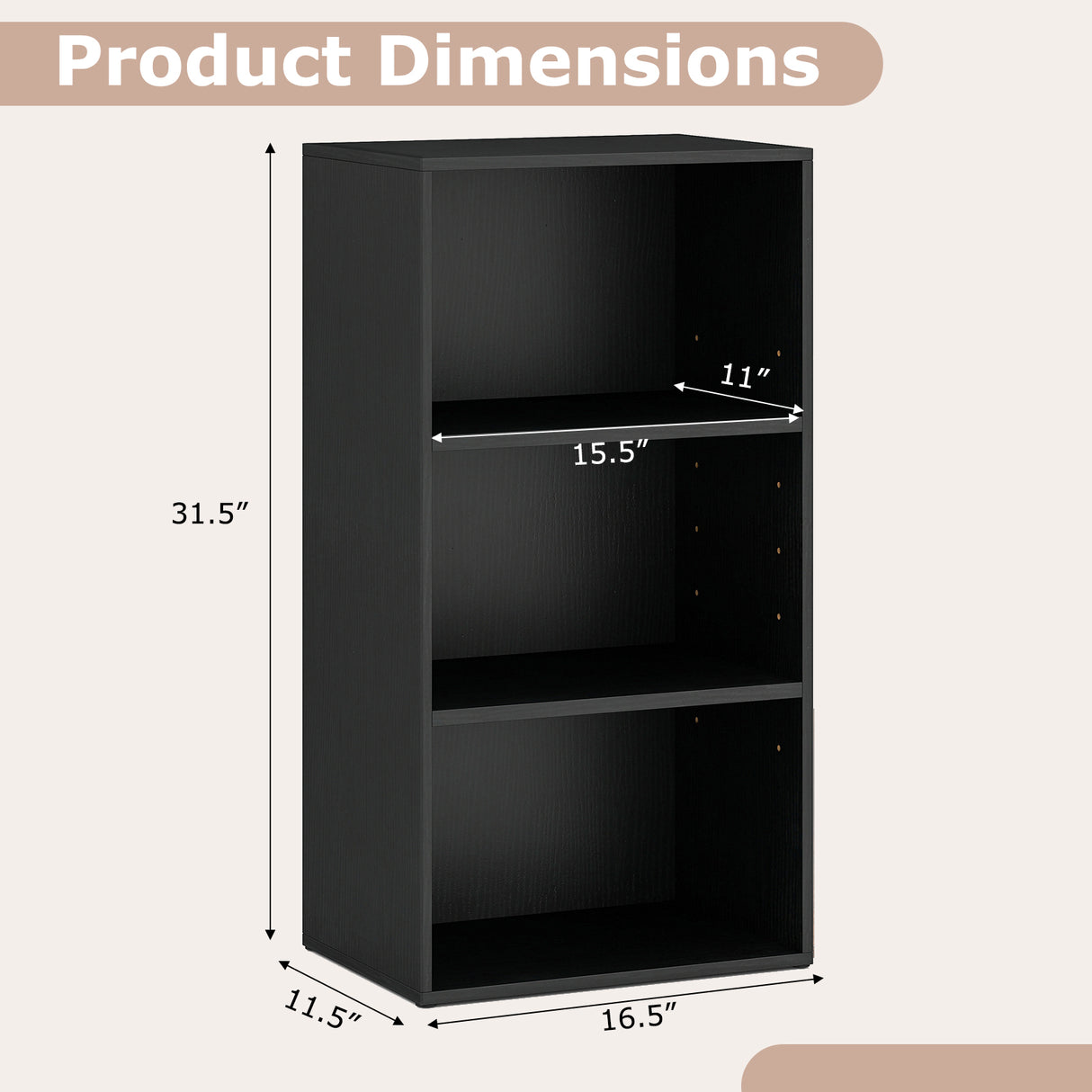 3 Open Shelf Bookcase Modern Storage Display Cabinet-Black