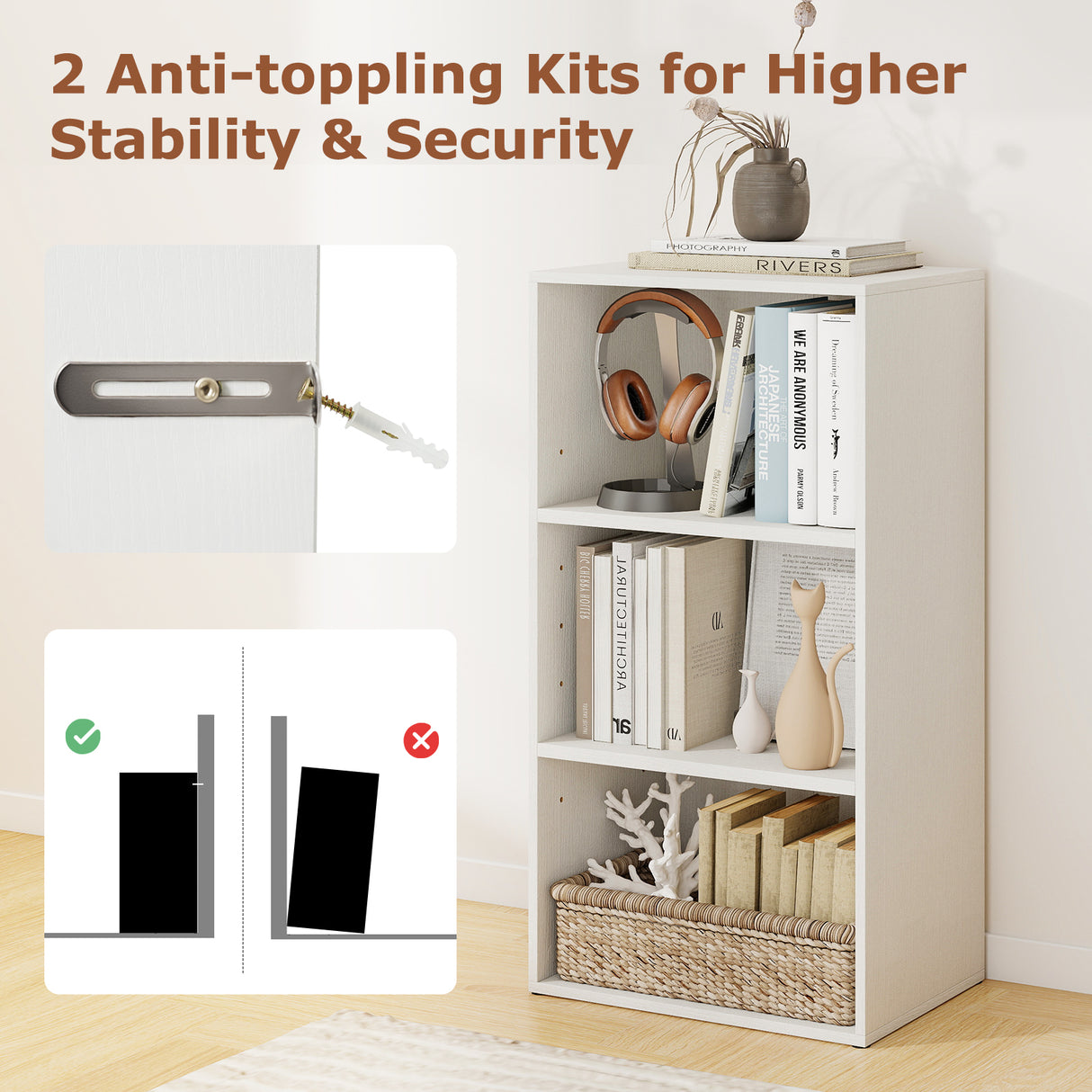 3 Open Shelf Bookcase Modern Storage Display Cabinet-White