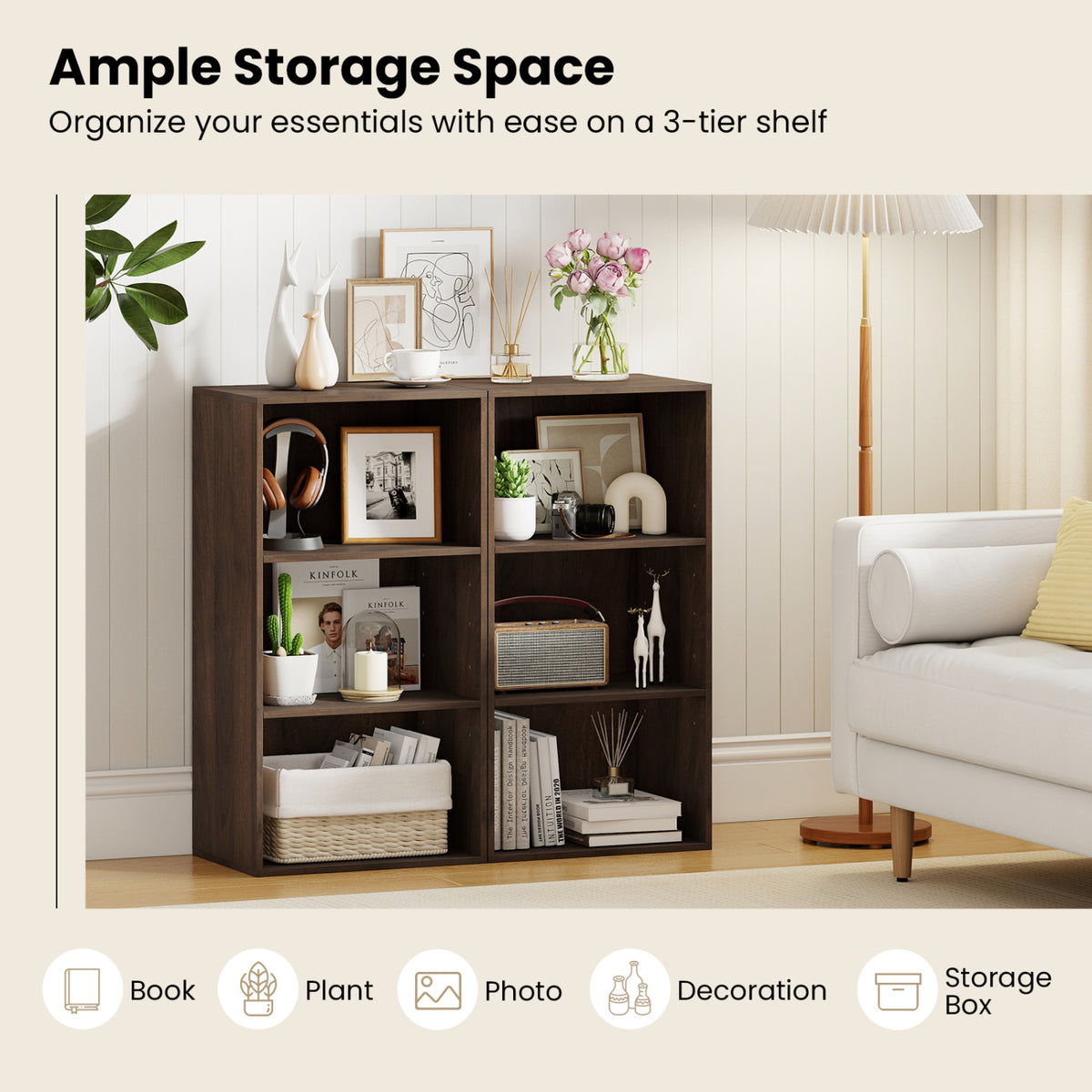 3 Open Shelf Bookcase Modern Storage Display Cabinet-Walnut