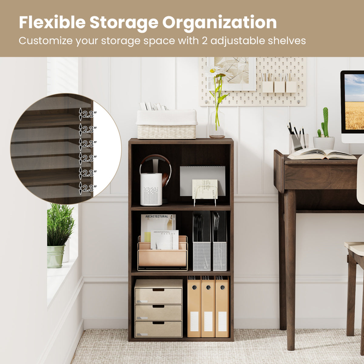 3 Open Shelf Bookcase Modern Storage Display Cabinet-Walnut