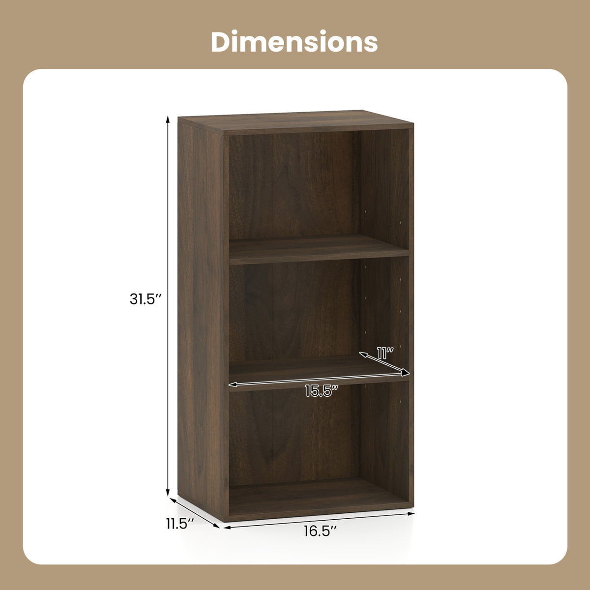 3 Open Shelf Bookcase Modern Storage Display Cabinet-Walnut