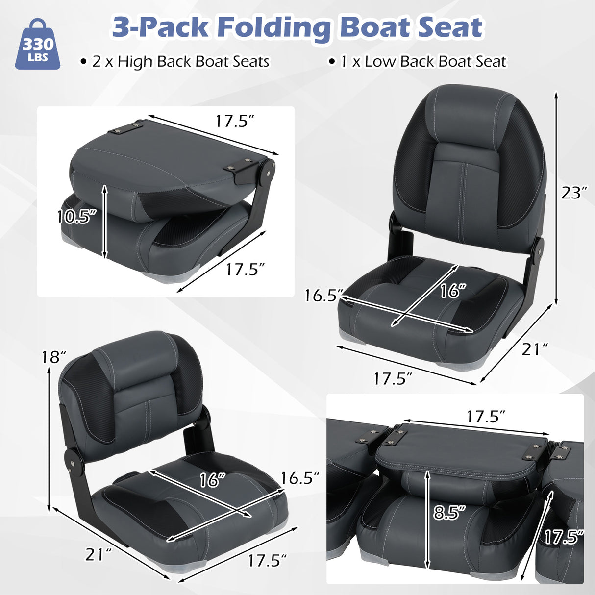 3-Pack Folding Boat Seats with 28D Soft Sponge Padding-Black