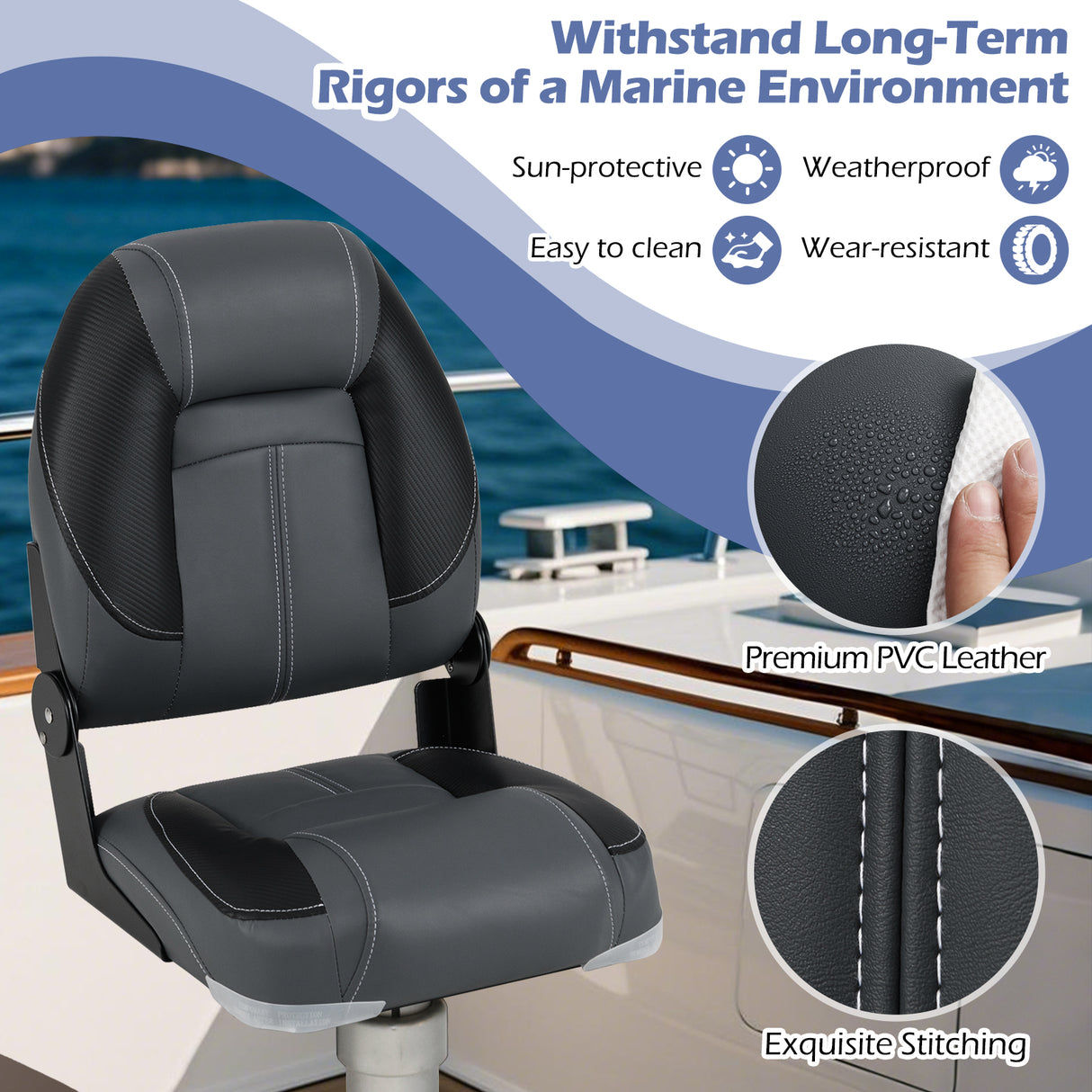 3-Pack Folding Boat Seats with 28D Soft Sponge Padding-Black
