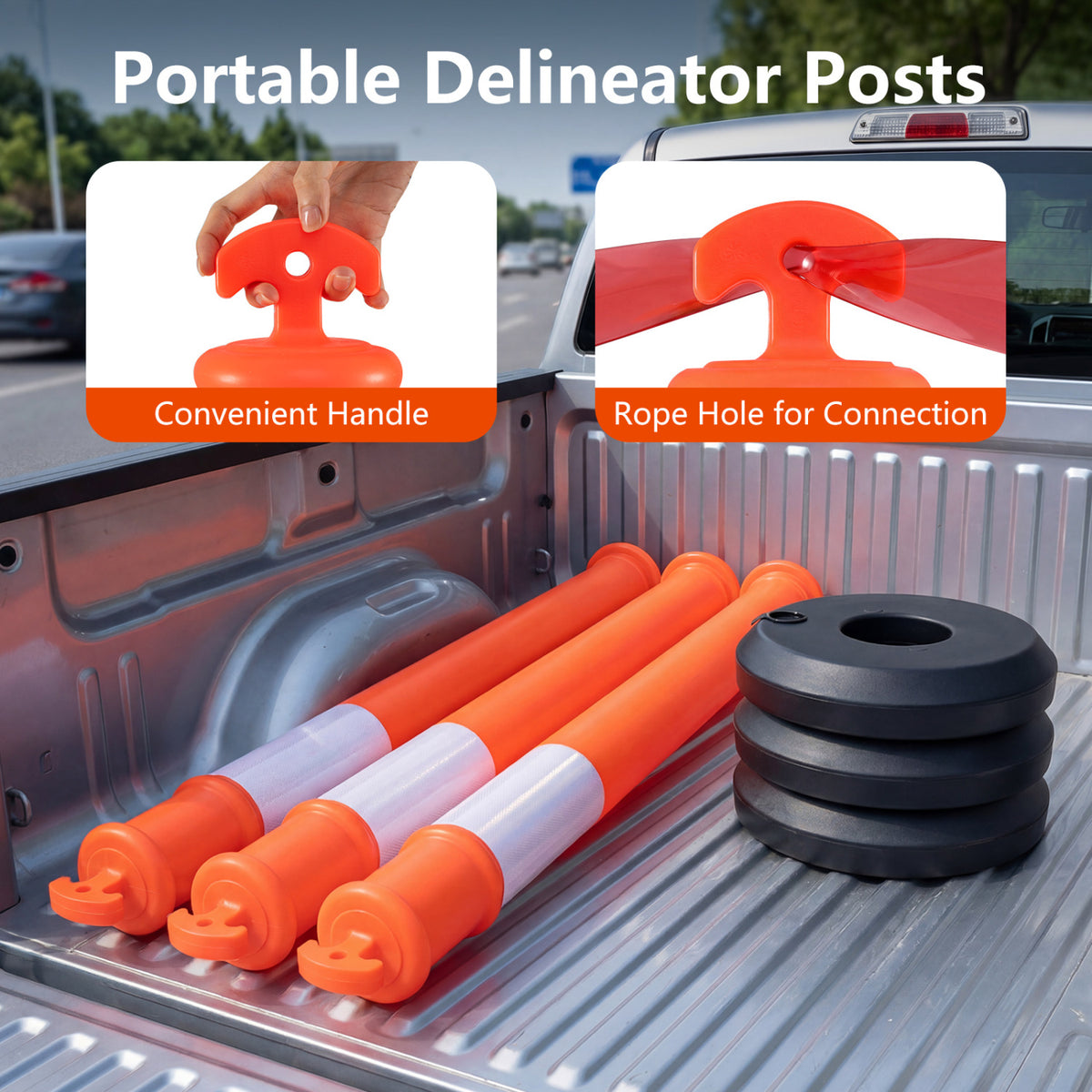 3 Pack Traffic Delineator Posts with Fillable Base for Parking Lots and Construction