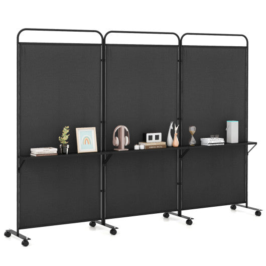 3-Panel Folding Room Divider with 3 Metal Shelves and Lockable Wheels-Black