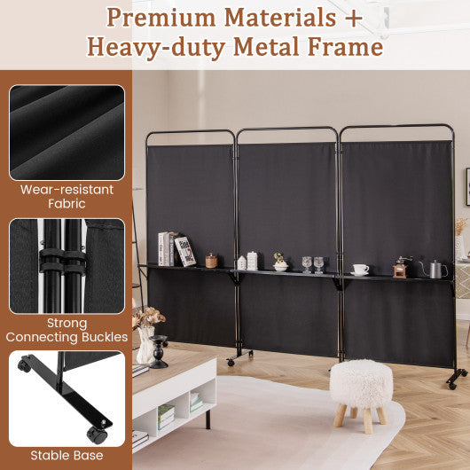 3-Panel Folding Room Divider with 3 Metal Shelves and Lockable Wheels-Black